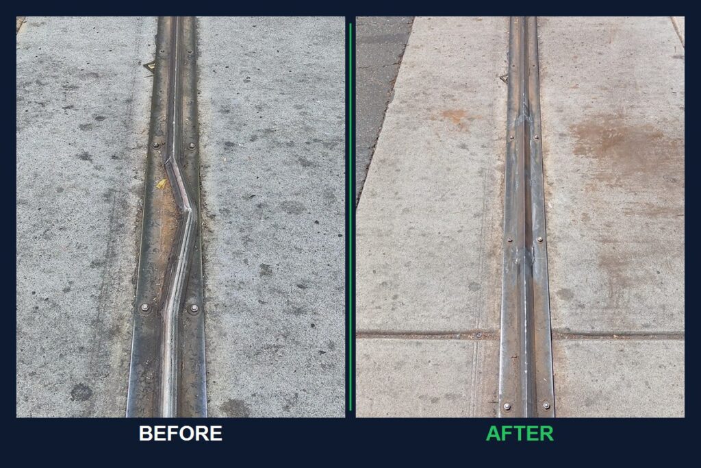 Before and after: a bent commercial slide-gate V-track straightened and re-welded by Palmer Fence in Sacramento