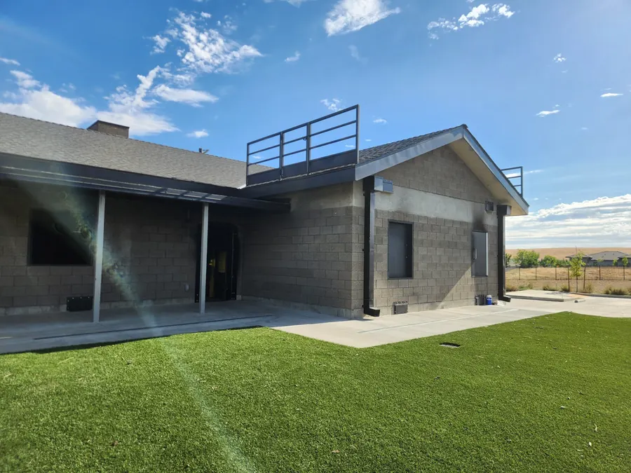 Galvanized steel rooftop guardrail on the live-burn training building at the El Dorado Hills Fire Department