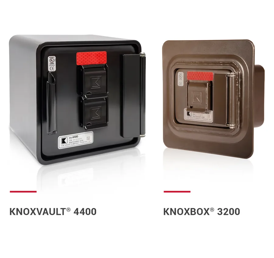 Knox Vault 4400 and Knox Box 3200 commercial key boxes for emergency gate and building access