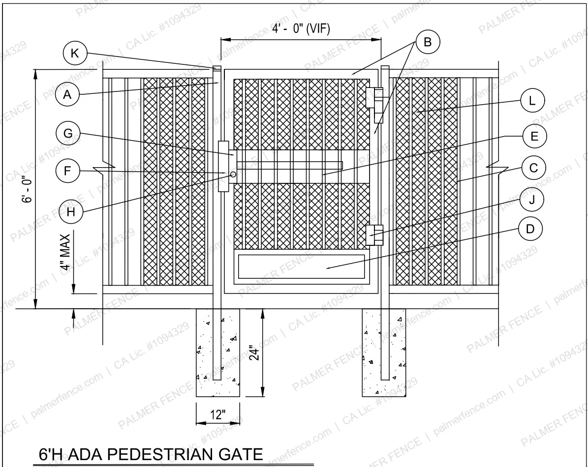 Palmer Fence shop drawing of a 6 foot ADA pedestrian gate with a 4 foot opening, 4 inch maximum gap at the bottom, and footings 24 inches deep and 12 inches wide, with lettered parts