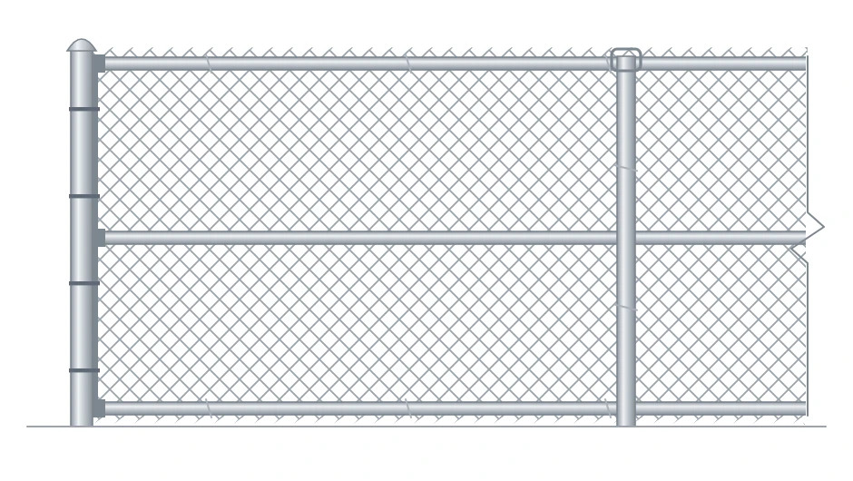 Drawing of galvanized chain link with a top rail, a mid rail, and a bottom rail