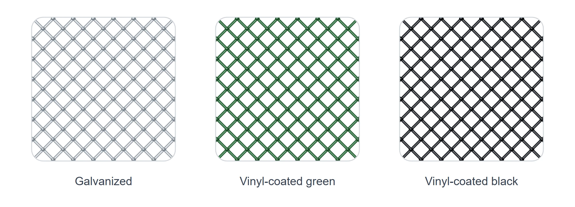 Chain link fabric samples: bright galvanized steel, vinyl-coated green, and vinyl-coated black.