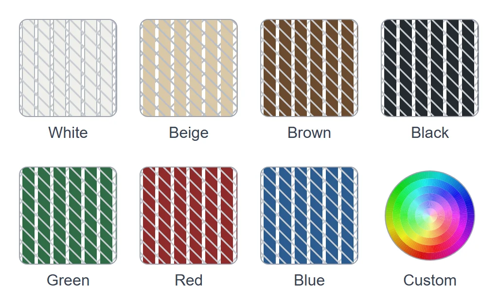 Color samples of slatted chain link: white, beige, brown, black, green, red and blue slats, and a swirl of colors for a custom color.
