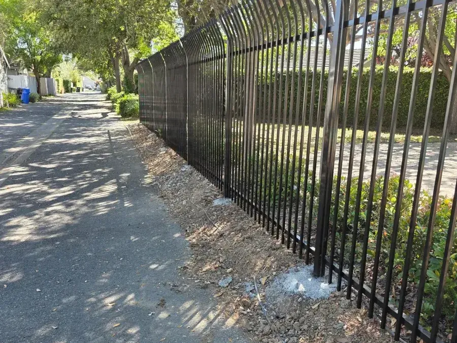 Black steel fence with pickets curving outward at the top along a sidewalk