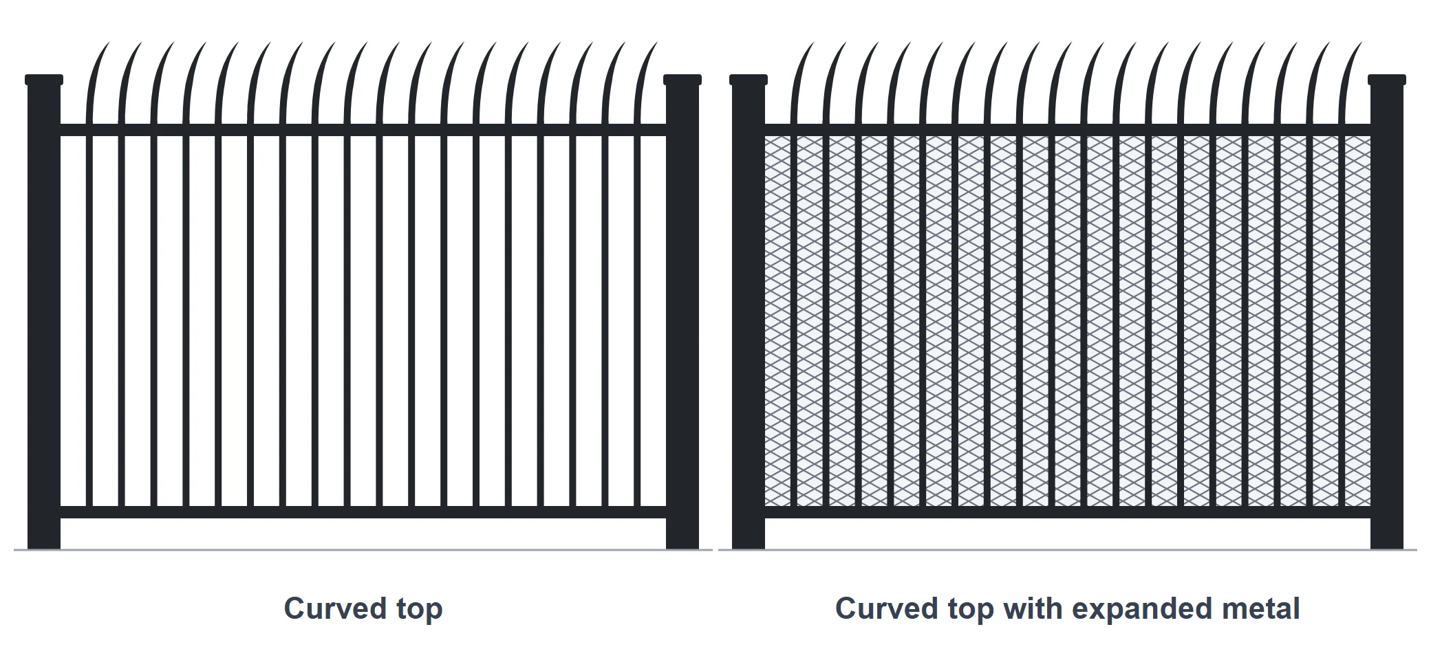 Drawing of two black curved-top steel fence panels with evenly spaced pickets that bend outward and taper to a point: one plain with open space between the pickets, and one with an expanded metal sheet behind the pickets closing the openings.